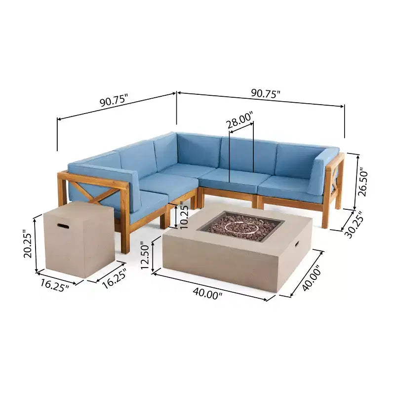 Christopher Knight Home Brava Ensemble de canapé sectionnel d'extérieur 5 places en bois d'acacia avec foyer