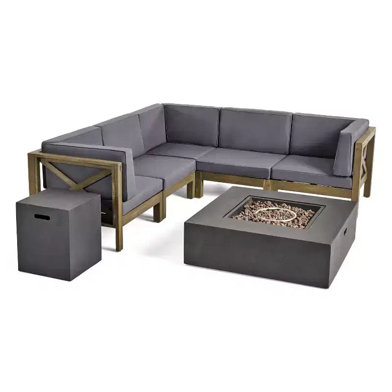 Christopher Knight Home Brava Ensemble de canapé sectionnel d'extérieur 5 places en bois d'acacia avec foyer