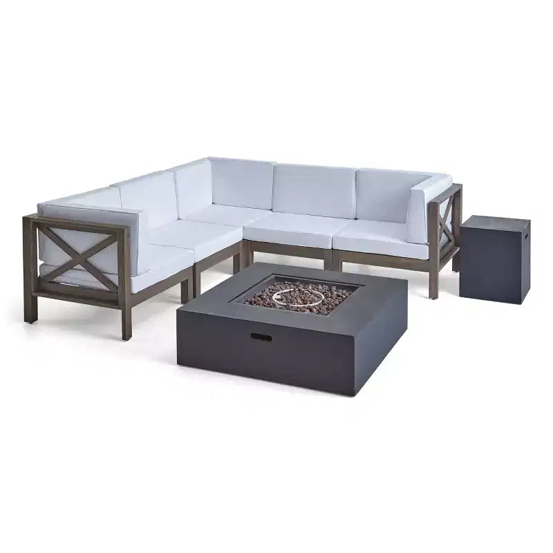 Christopher Knight Home Brava Ensemble de canapé sectionnel d'extérieur 5 places en bois d'acacia avec foyer