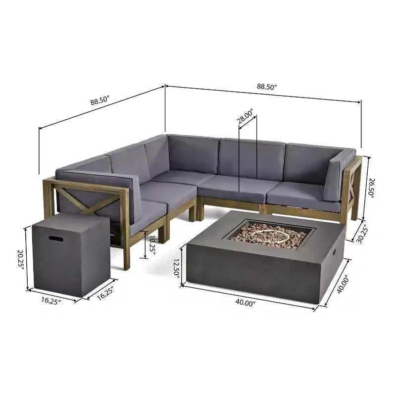 Christopher Knight Home Brava Ensemble de canapé sectionnel d'extérieur 5 places en bois d'acacia avec foyer