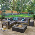 Christopher Knight Home Brava Outdoor Acacia Wood 5 Seater Sectional Sofa Set with Fire Pit