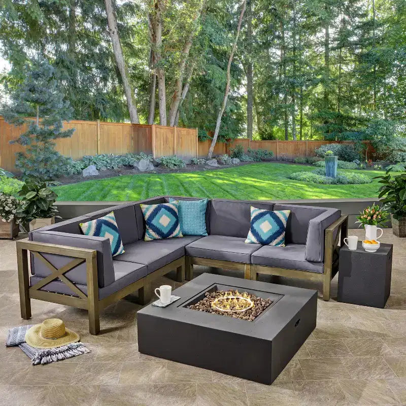 Christopher Knight Home Brava Outdoor Acacia Wood 5 Seater Sectional Sofa Set with Fire Pit