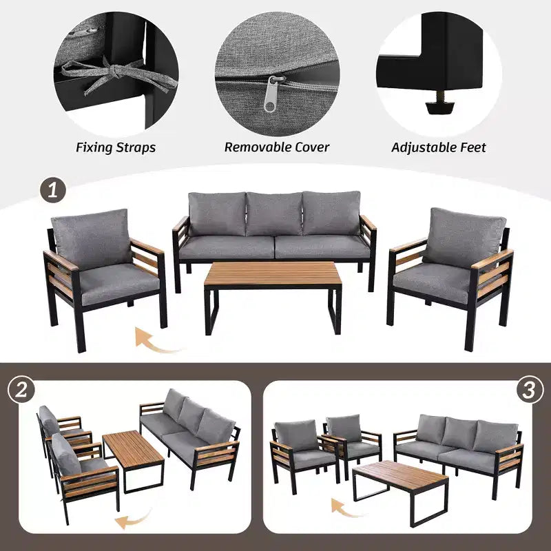 Ensemble de conversation de patio 4 pièces avec canapé, pour 5 personnes et coussins déhoussables