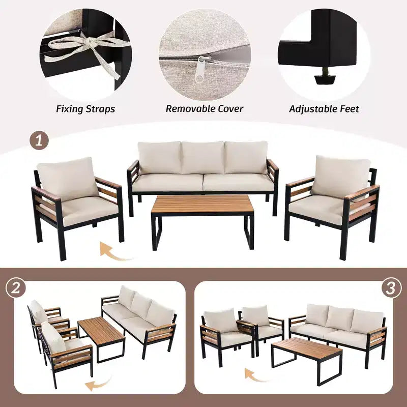 Ensemble de conversation de patio 4 pièces avec canapé, pour 5 personnes et coussins déhoussables