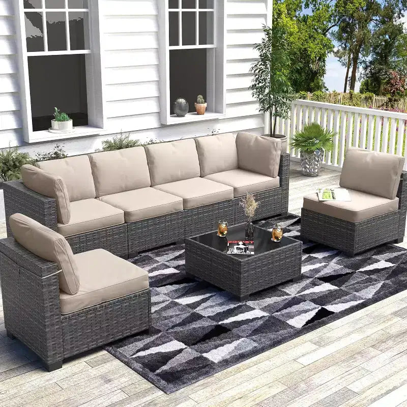 7 PCS Outdoor Patio Furniture Set, Wicker Sectional Sofa Set Rattan Modular Conversation Couch Set with Cushions for Outside, Garden, Balcony, Porch