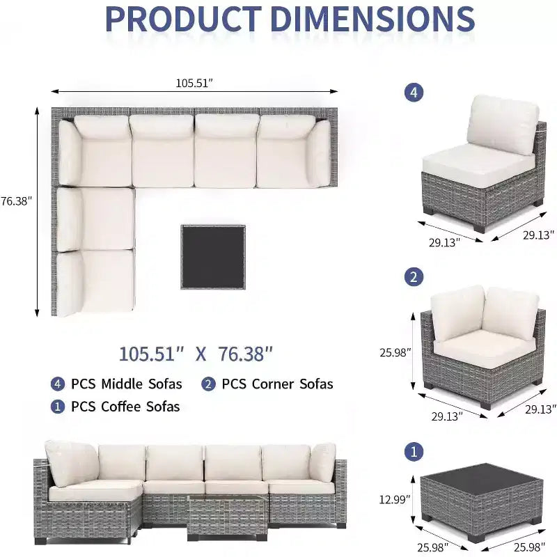 Ensemble de mobilier de patio extérieur 7 pièces, ensemble de canapés modulaires en rotin tressé avec coussins pour l'extérieur, le jardin, le balcon, le porche