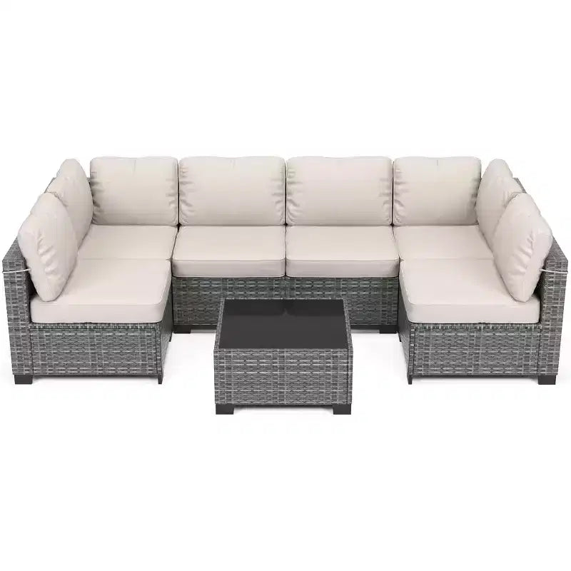Ensemble de mobilier de patio extérieur 7 pièces, ensemble de canapés modulaires en rotin tressé avec coussins pour l'extérieur, le jardin, le balcon, le porche