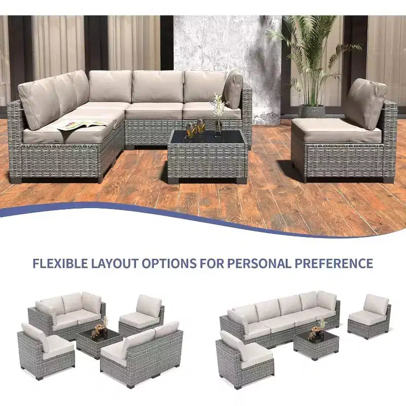 Ensemble de mobilier de patio extérieur 7 pièces, ensemble de canapés modulaires en rotin tressé avec coussins pour l'extérieur, le jardin, le balcon, le porche