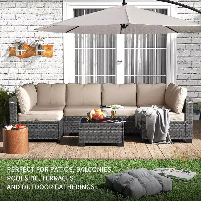 Ensemble de mobilier de patio extérieur 7 pièces, ensemble de canapés modulaires en rotin tressé avec coussins pour l'extérieur, le jardin, le balcon, le porche