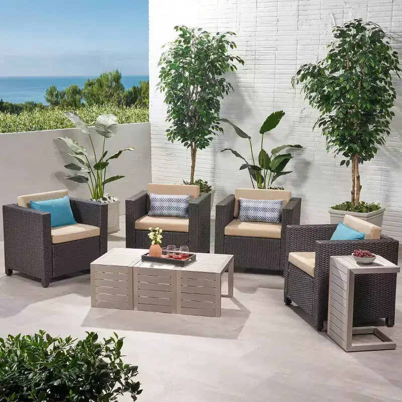Christopher Knight Home Joanne 8 Piece Patio Set with Rattan Club Chairs and Aluminum C-Shaped Side Tables