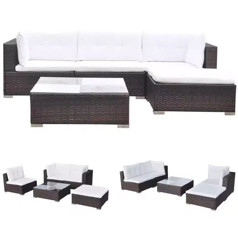 vidaXL 5 Piece Patio Lounge Set - Poly Rattan, Brown - Durable, All-Weather Outdoor Sofa Set with Cushions, Ottoman and Tea Table