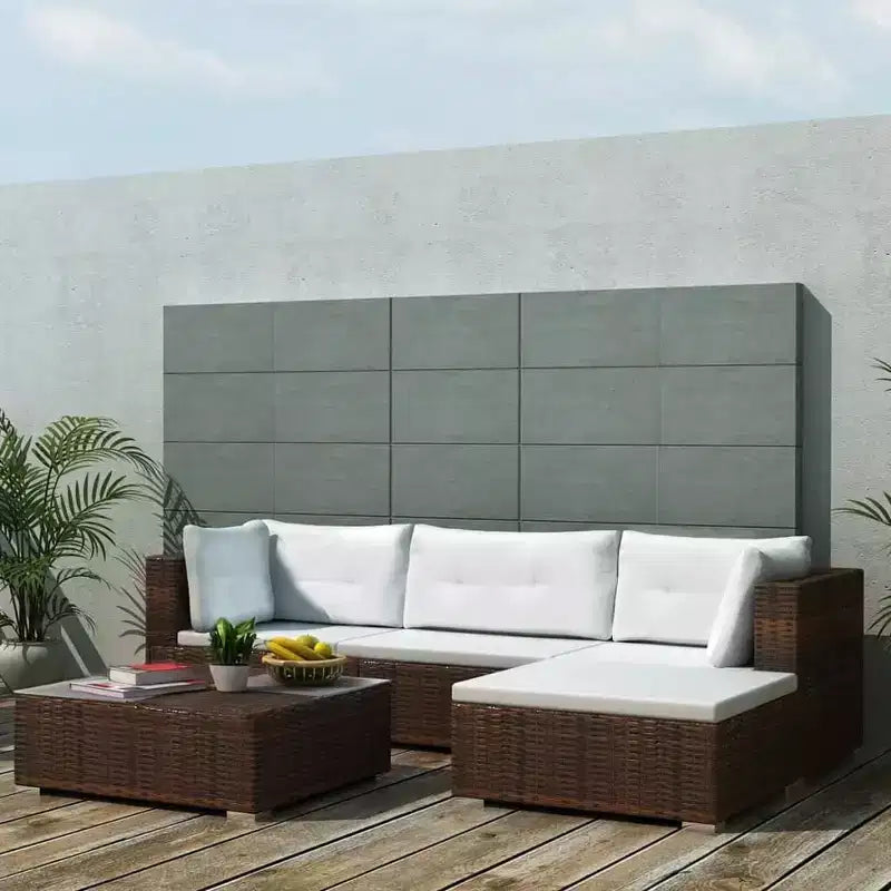vidaXL Salon de jardin 5 pièces en résine tressée, marron – Ensemble de canapés d'extérieur durable toutes saisons avec coussins, pouf et table basse