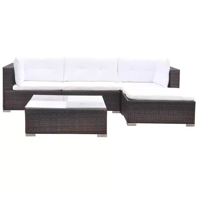 vidaXL Salon de jardin 5 pièces en résine tressée, marron – Ensemble de canapés d'extérieur durable toutes saisons avec coussins, pouf et table basse
