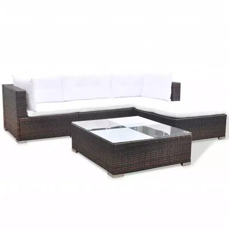vidaXL Salon de jardin 5 pièces en résine tressée, marron – Ensemble de canapés d'extérieur durable toutes saisons avec coussins, pouf et table basse