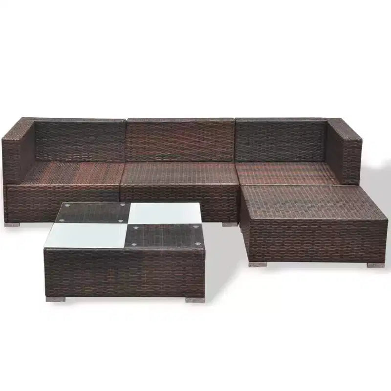 vidaXL Salon de jardin 5 pièces en résine tressée, marron – Ensemble de canapés d'extérieur durable toutes saisons avec coussins, pouf et table basse