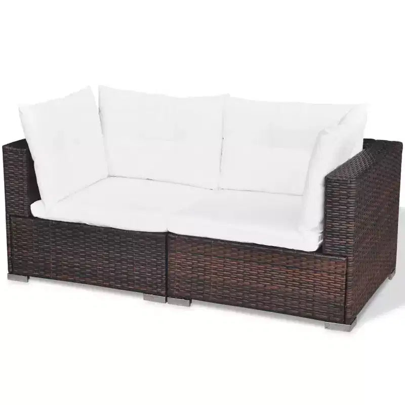 vidaXL Salon de jardin 5 pièces en résine tressée, marron – Ensemble de canapés d'extérieur durable toutes saisons avec coussins, pouf et table basse
