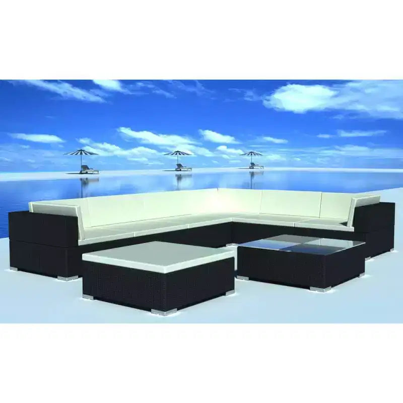 Ensemble de salon de jardin vidaXL 8 pièces en polyrotin, finition noire, avec canapés d'angle, canapés centraux, pouf, table basse, coussins