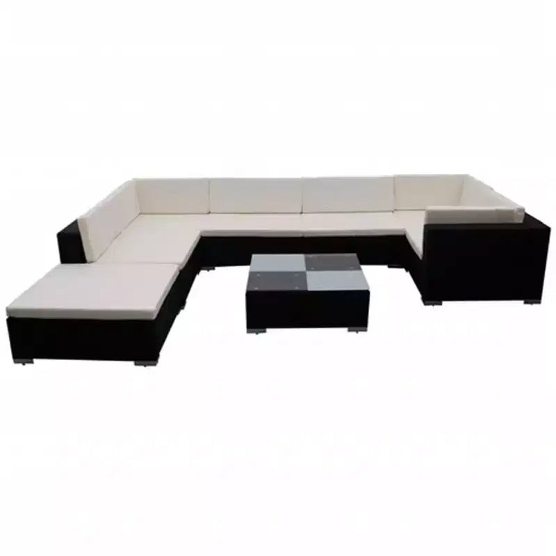 Ensemble de salon de jardin vidaXL 8 pièces en polyrotin, finition noire, avec canapés d'angle, canapés centraux, pouf, table basse, coussins