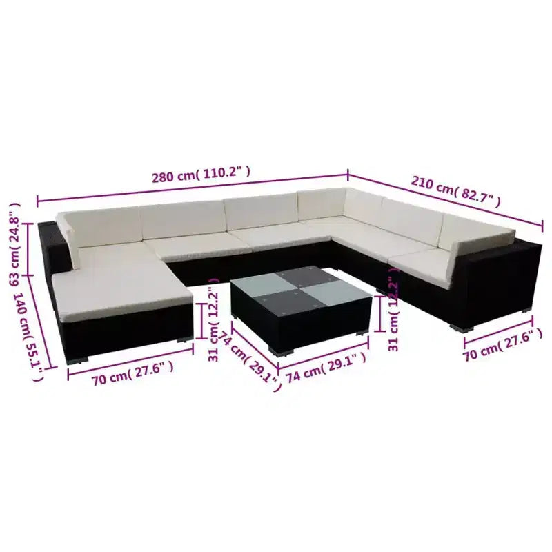 Ensemble de salon de jardin vidaXL 8 pièces en polyrotin, finition noire, avec canapés d'angle, canapés centraux, pouf, table basse, coussins