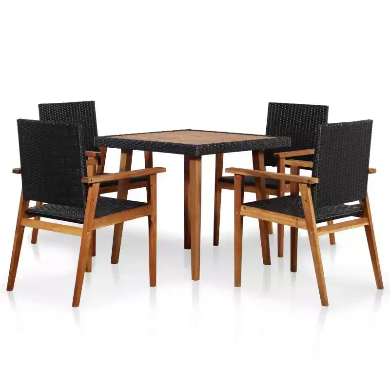 vidaXL 5-Piece Patio Dining Set - Vintage Design with Black and Brown Poly Rattan and Rustic Solid Acacia Wood Frames for Outdoor Gardens and Patios.