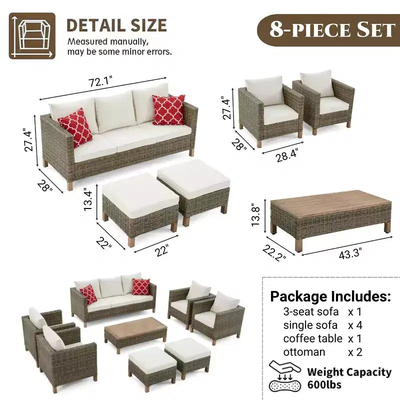 Salons de jardin 8 pièces avec coussins et table basse