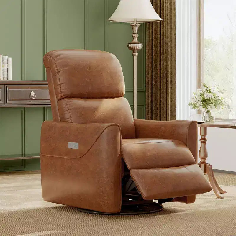 Swivel Rocking Recliner Chair, Faux Leather Upholstered Glider with Lumbar Support, High Back, Manual Recline