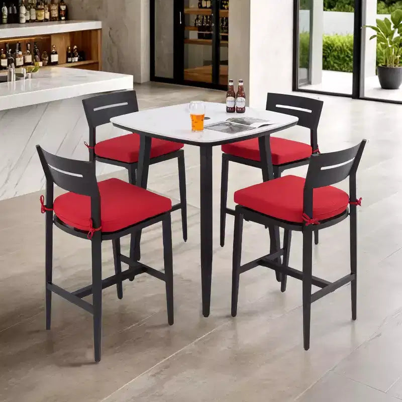 Ensemble de bar 5 pièces pour terrasse/jardin, table carrée arrondie de 90 cm en pierre frittée et 4 tabourets de bar en aluminium, plateau effet marbre, coussin Sunbrella