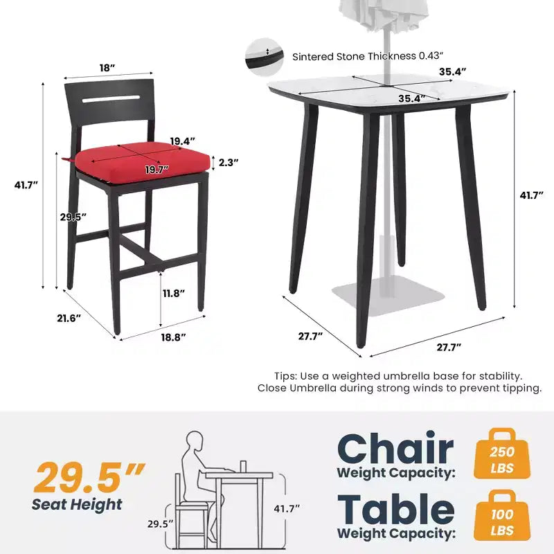 Ensemble de bar 5 pièces pour terrasse/jardin, table carrée arrondie de 90 cm en pierre frittée et 4 tabourets de bar en aluminium, plateau effet marbre, coussin Sunbrella