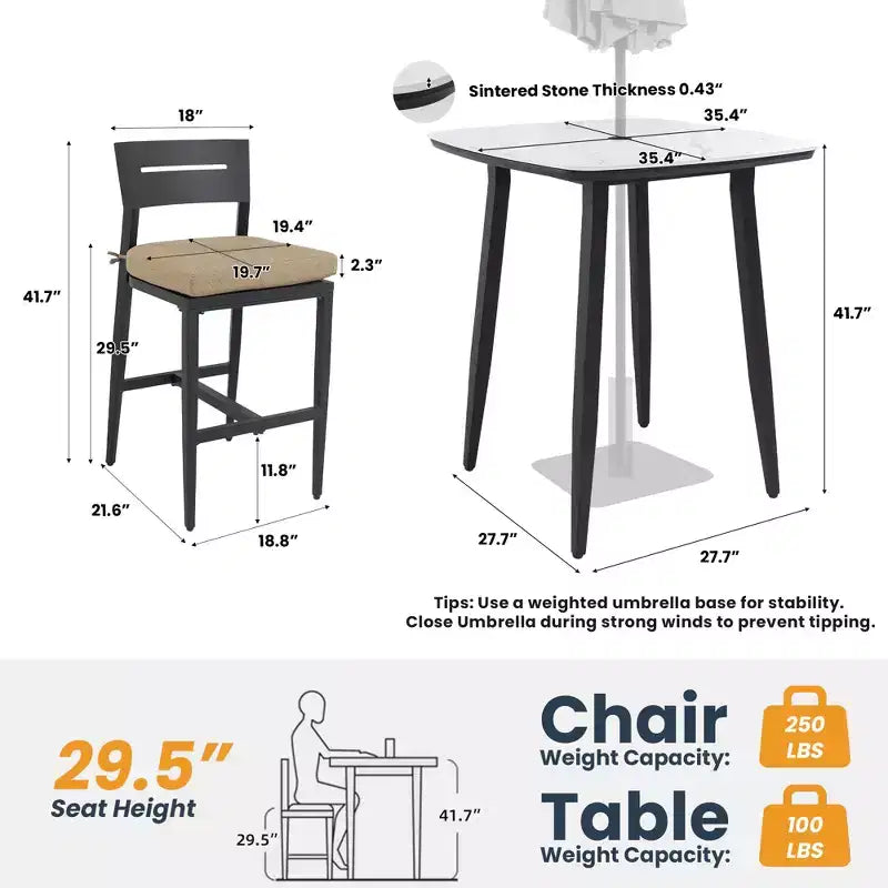 Ensemble de bar 5 pièces pour terrasse/jardin, table carrée arrondie de 90 cm en pierre frittée et 4 tabourets de bar en aluminium, plateau effet marbre, coussin Sunbrella