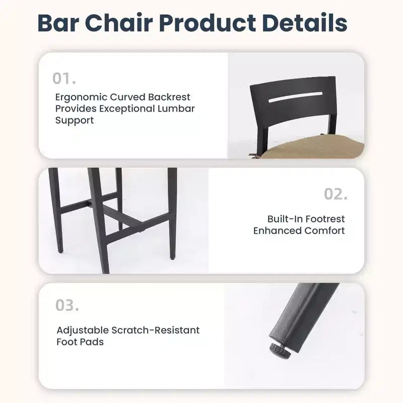 Ensemble de bar 5 pièces pour terrasse/jardin, table carrée arrondie de 90 cm en pierre frittée et 4 tabourets de bar en aluminium, plateau effet marbre, coussin Sunbrella