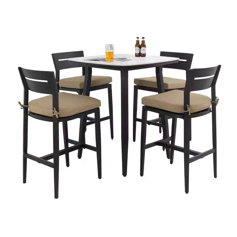 5PC Outdoor Patio Bar Set, Rounded Square 35.4'' Sintered Stone Table & 4 Aluminum Bar Stools, Marble-Inspired Top, Sunbrella Cushion