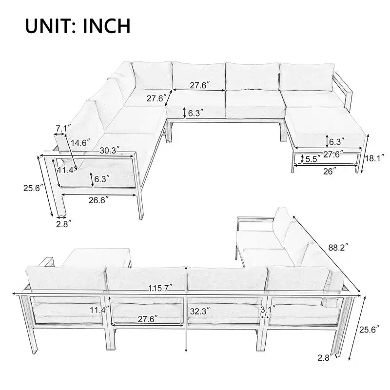 CLIHOME Ensemble de canapés d'extérieur en U pour plusieurs personnes, salon de jardin pour jardins, arrière-cours, balcons