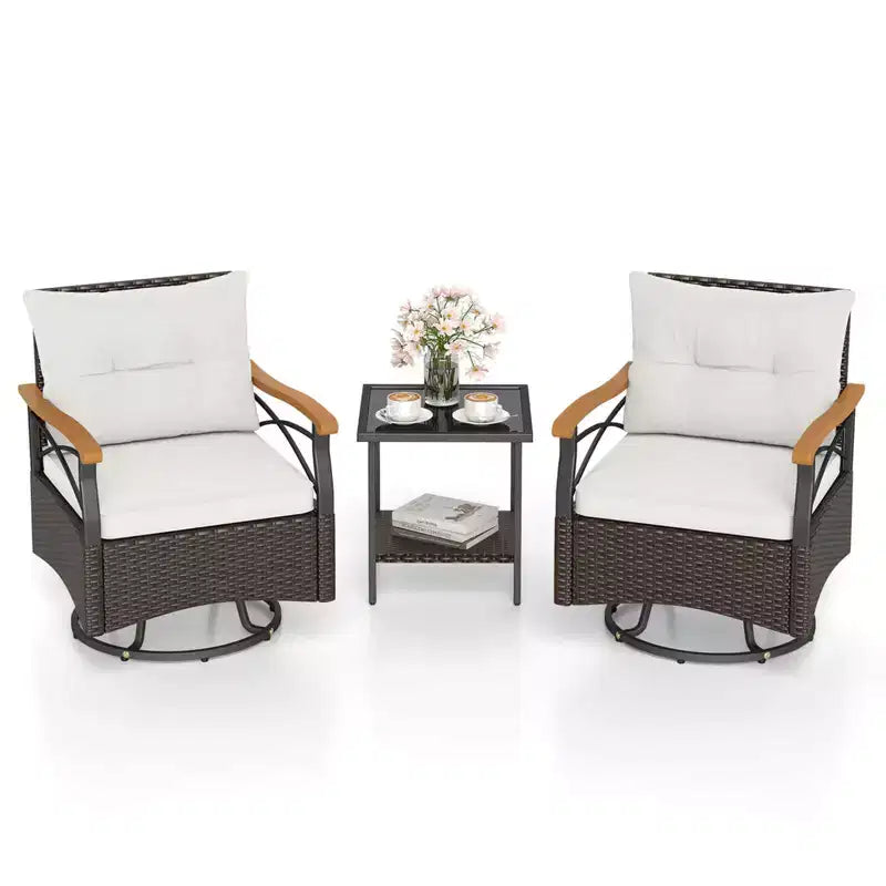 Costway Ensemble 3 pièces de chaises pivotantes d'extérieur avec table d'appoint à 2 niveaux en verre trempé Coussins Gris/Blanc