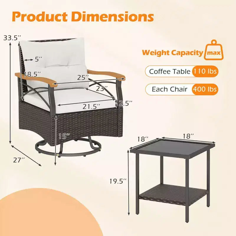 Costway Ensemble 3 pièces de chaises pivotantes d'extérieur avec table d'appoint à 2 niveaux en verre trempé Coussins Gris/Blanc