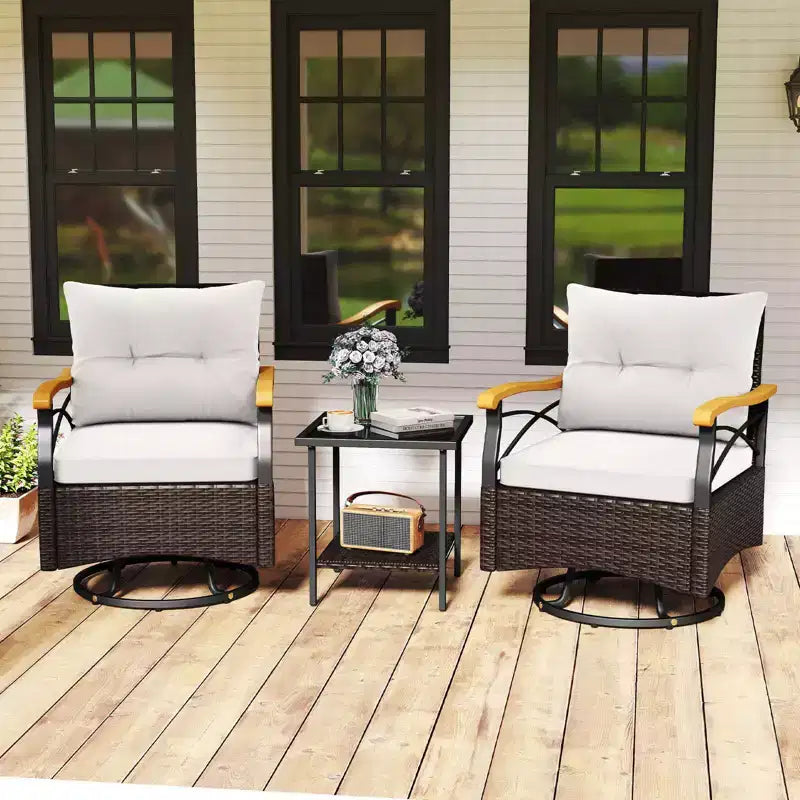Costway Ensemble 3 pièces de chaises pivotantes d'extérieur avec table d'appoint à 2 niveaux en verre trempé Coussins Gris/Blanc