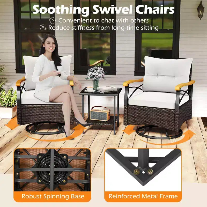 Costway Ensemble 3 pièces de chaises pivotantes d'extérieur avec table d'appoint à 2 niveaux en verre trempé Coussins Gris/Blanc