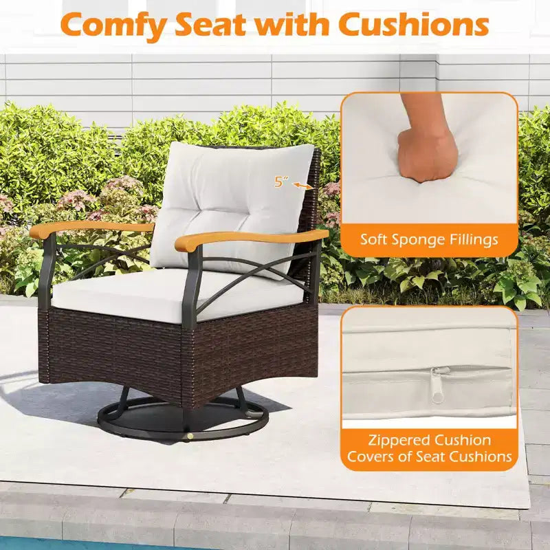 Costway Ensemble 3 pièces de chaises pivotantes d'extérieur avec table d'appoint à 2 niveaux en verre trempé Coussins Gris/Blanc