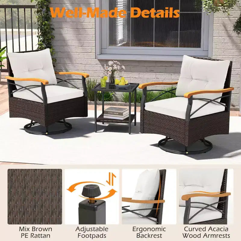 Costway Ensemble 3 pièces de chaises pivotantes d'extérieur avec table d'appoint à 2 niveaux en verre trempé Coussins Gris/Blanc