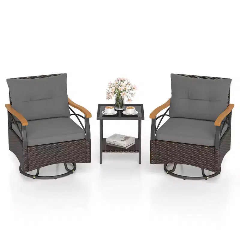 Costway Ensemble 3 pièces de chaises pivotantes d'extérieur avec table d'appoint à 2 niveaux en verre trempé Coussins Gris/Blanc