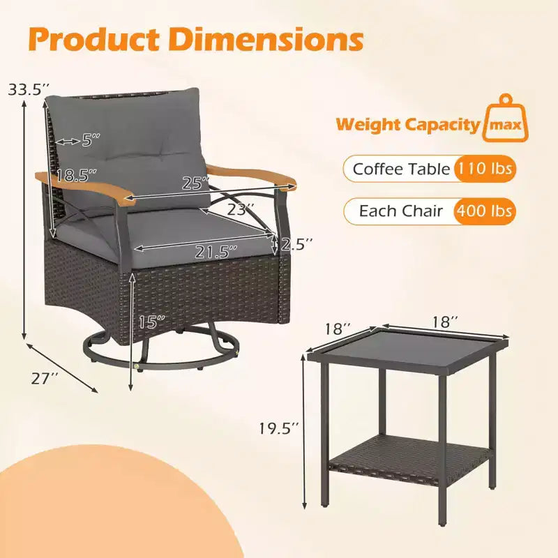 Costway Ensemble 3 pièces de chaises pivotantes d'extérieur avec table d'appoint à 2 niveaux en verre trempé Coussins Gris/Blanc