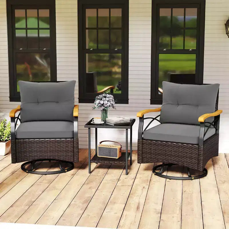 Costway Ensemble 3 pièces de chaises pivotantes d'extérieur avec table d'appoint à 2 niveaux en verre trempé Coussins Gris/Blanc