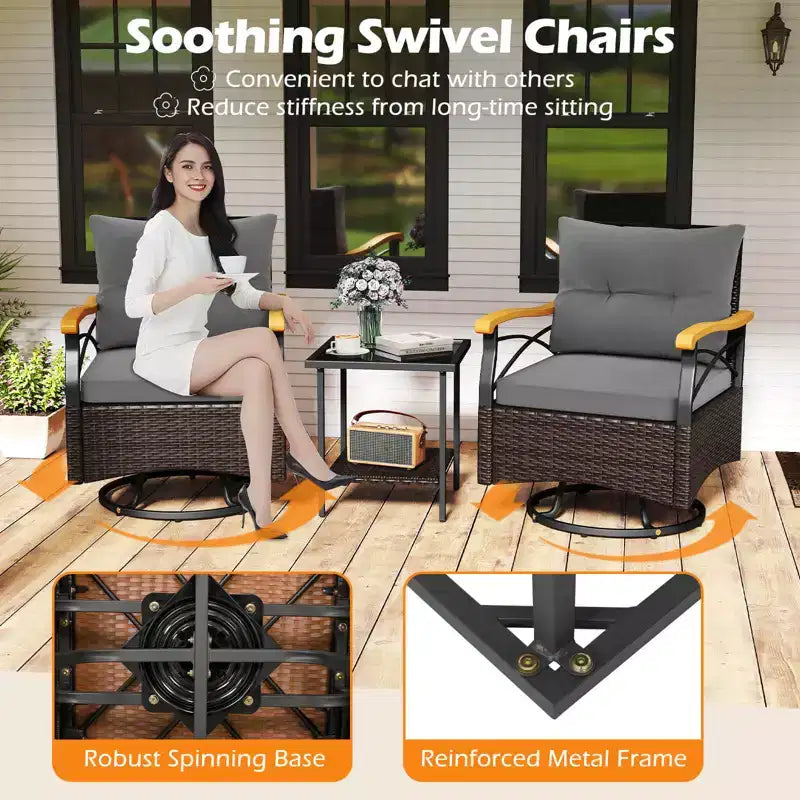 Costway Ensemble 3 pièces de chaises pivotantes d'extérieur avec table d'appoint à 2 niveaux en verre trempé Coussins Gris/Blanc