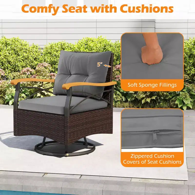 Costway Ensemble 3 pièces de chaises pivotantes d'extérieur avec table d'appoint à 2 niveaux en verre trempé Coussins Gris/Blanc