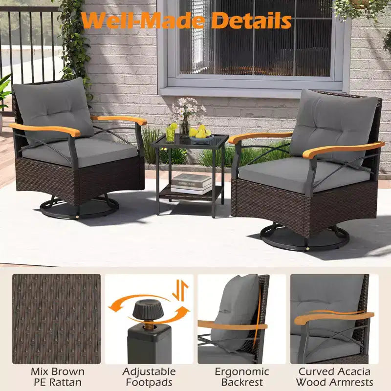 Costway Ensemble 3 pièces de chaises pivotantes d'extérieur avec table d'appoint à 2 niveaux en verre trempé Coussins Gris/Blanc