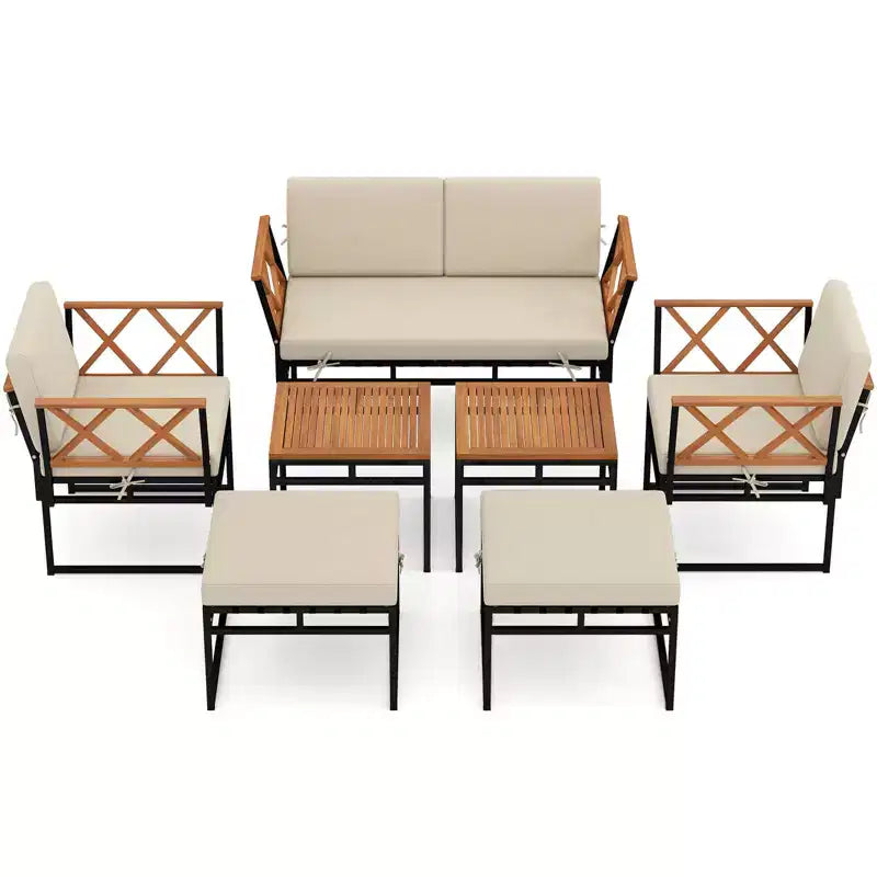 Costway Ensemble de Conversation d'Extérieur 7 Pièces Chaises et Table Basse en Bois d'Acacia avec Ottomans