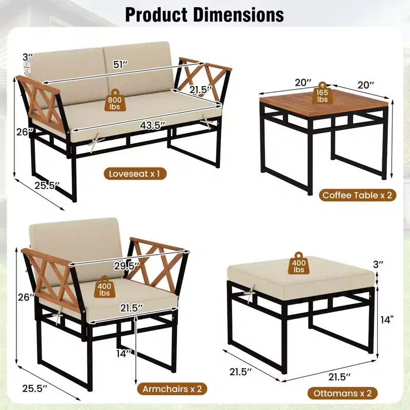 Costway Ensemble de Conversation d'Extérieur 7 Pièces Chaises et Table Basse en Bois d'Acacia avec Ottomans