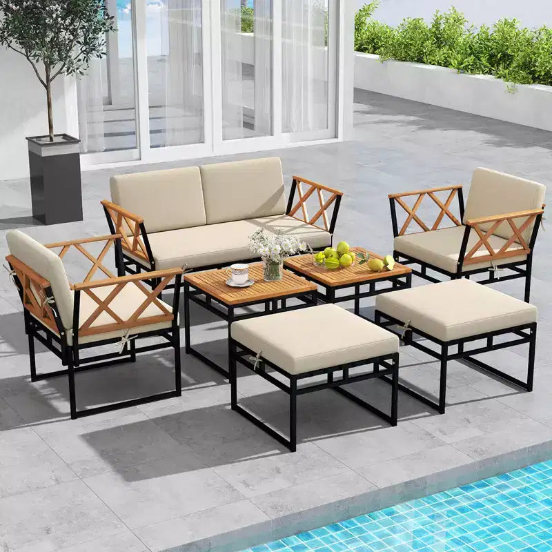 Costway Ensemble de Conversation d'Extérieur 7 Pièces Chaises et Table Basse en Bois d'Acacia avec Ottomans