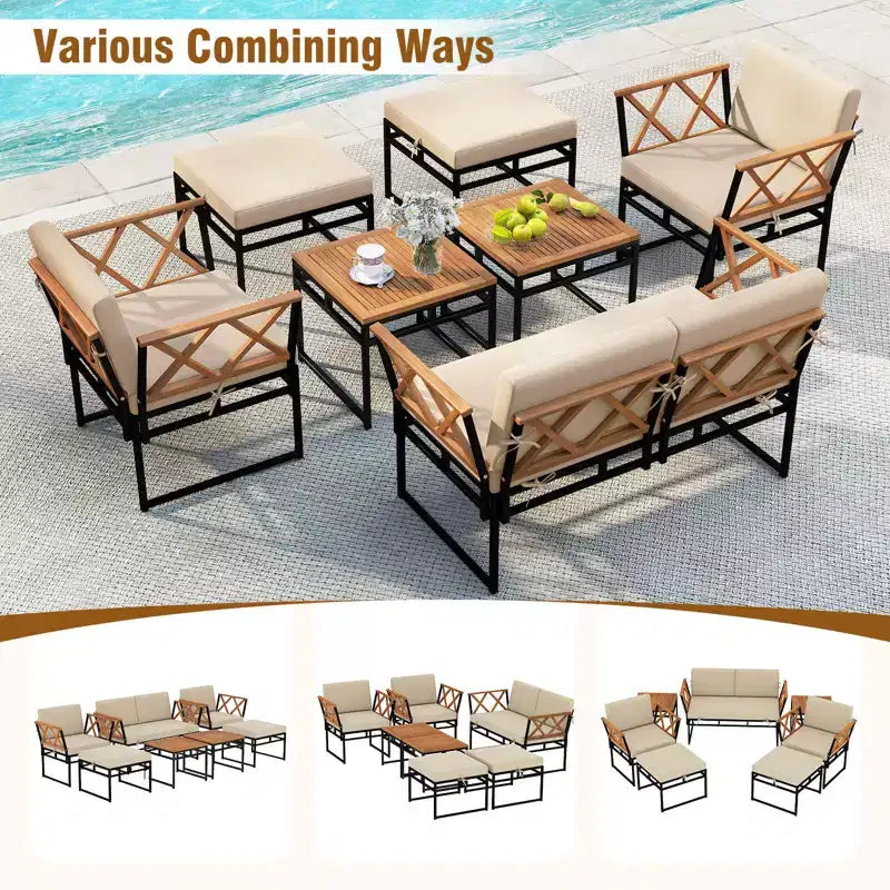 Costway Ensemble de Conversation d'Extérieur 7 Pièces Chaises et Table Basse en Bois d'Acacia avec Ottomans