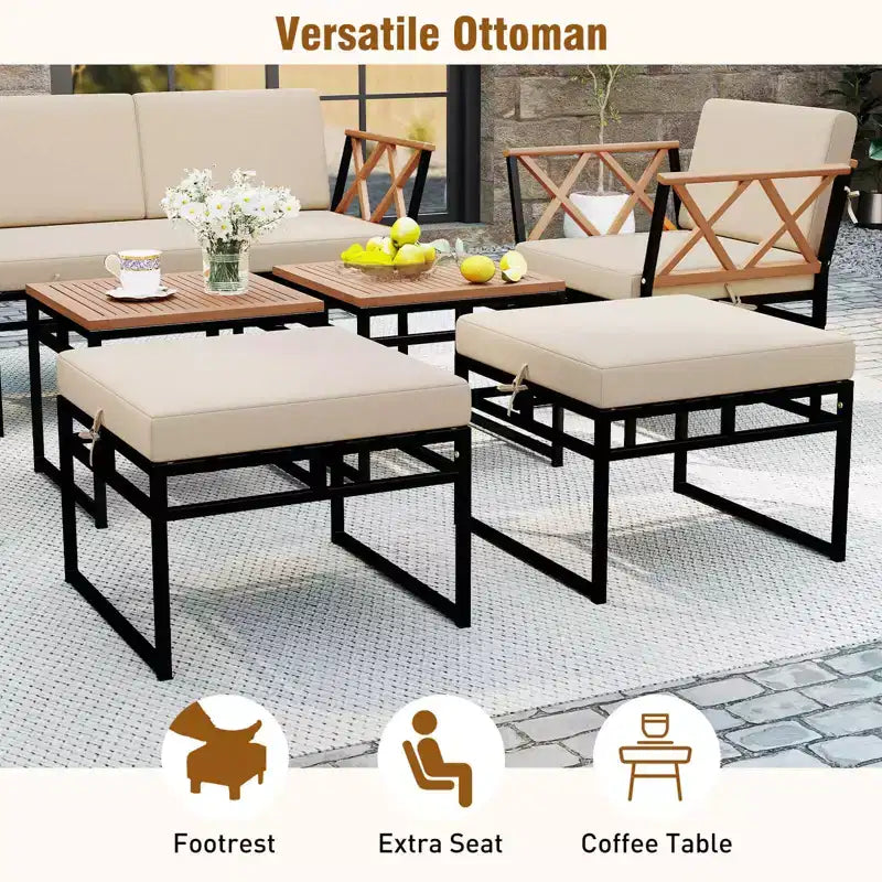 Costway Ensemble de Conversation d'Extérieur 7 Pièces Chaises et Table Basse en Bois d'Acacia avec Ottomans