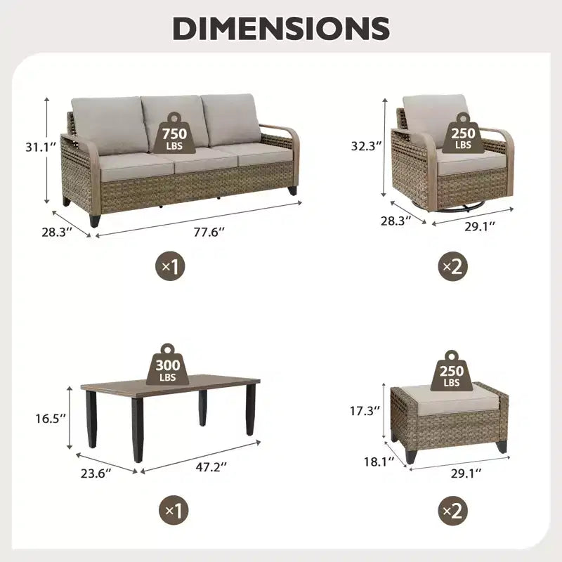 EAGLE PEAK Salon de conversation extérieur en osier, 2 fauteuils pivotants à bascule, canapé 3 places, 2 poufs et table basse, 6 pièces